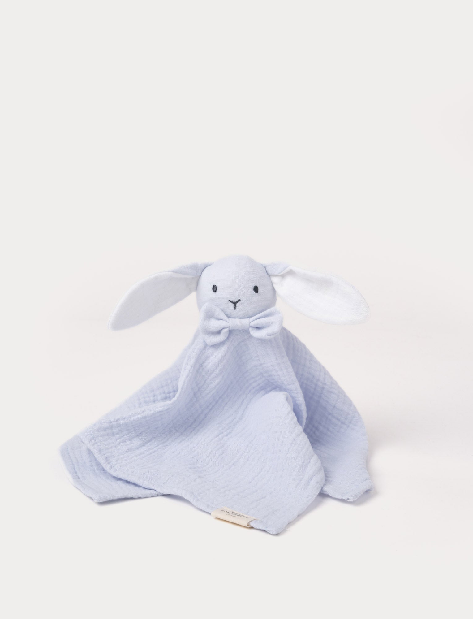  Image of Soft baby blanket with a plush light blue , levander bunny head, long floppy ears, and a small bow.