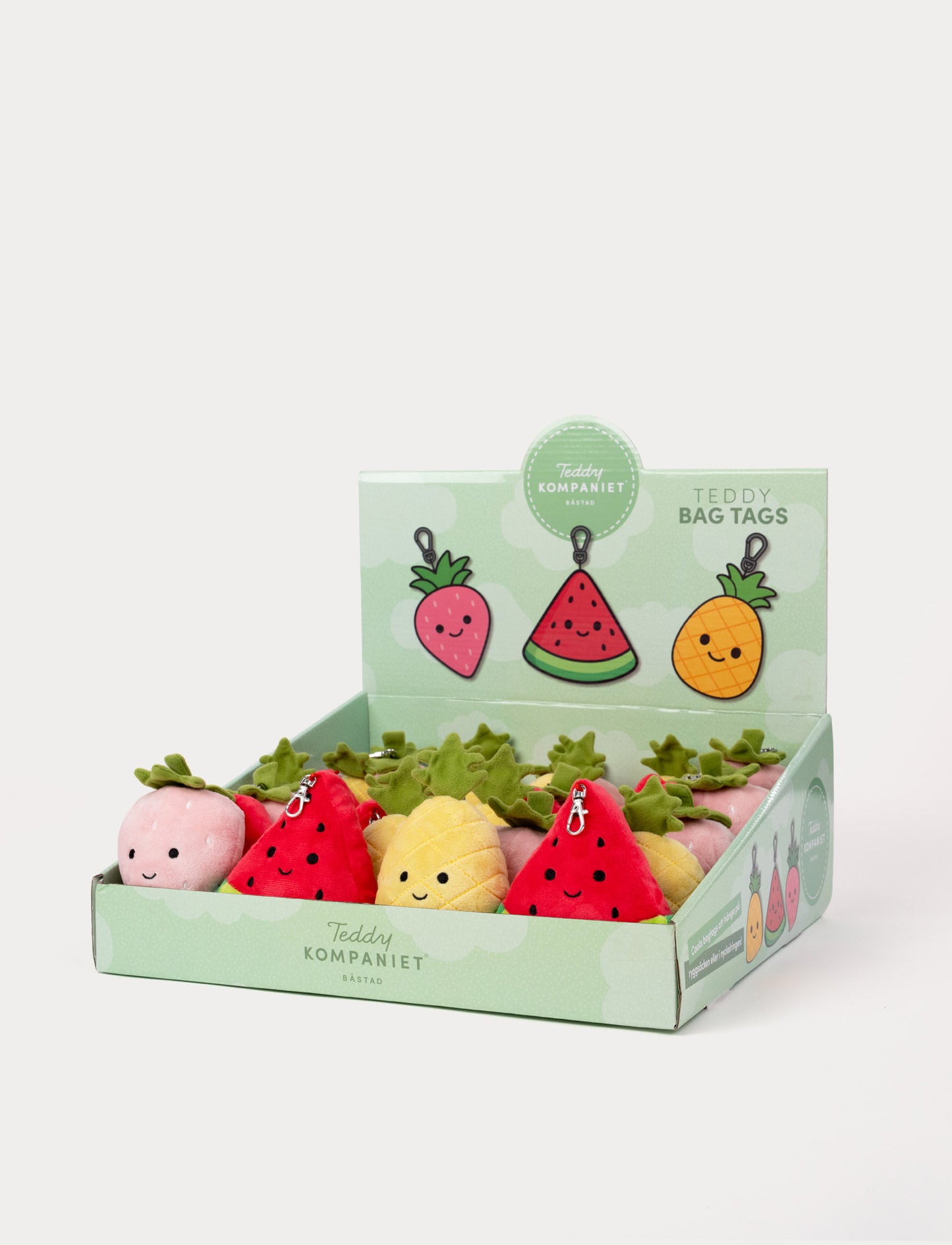 Bagtag, fruits, display 3 diff.