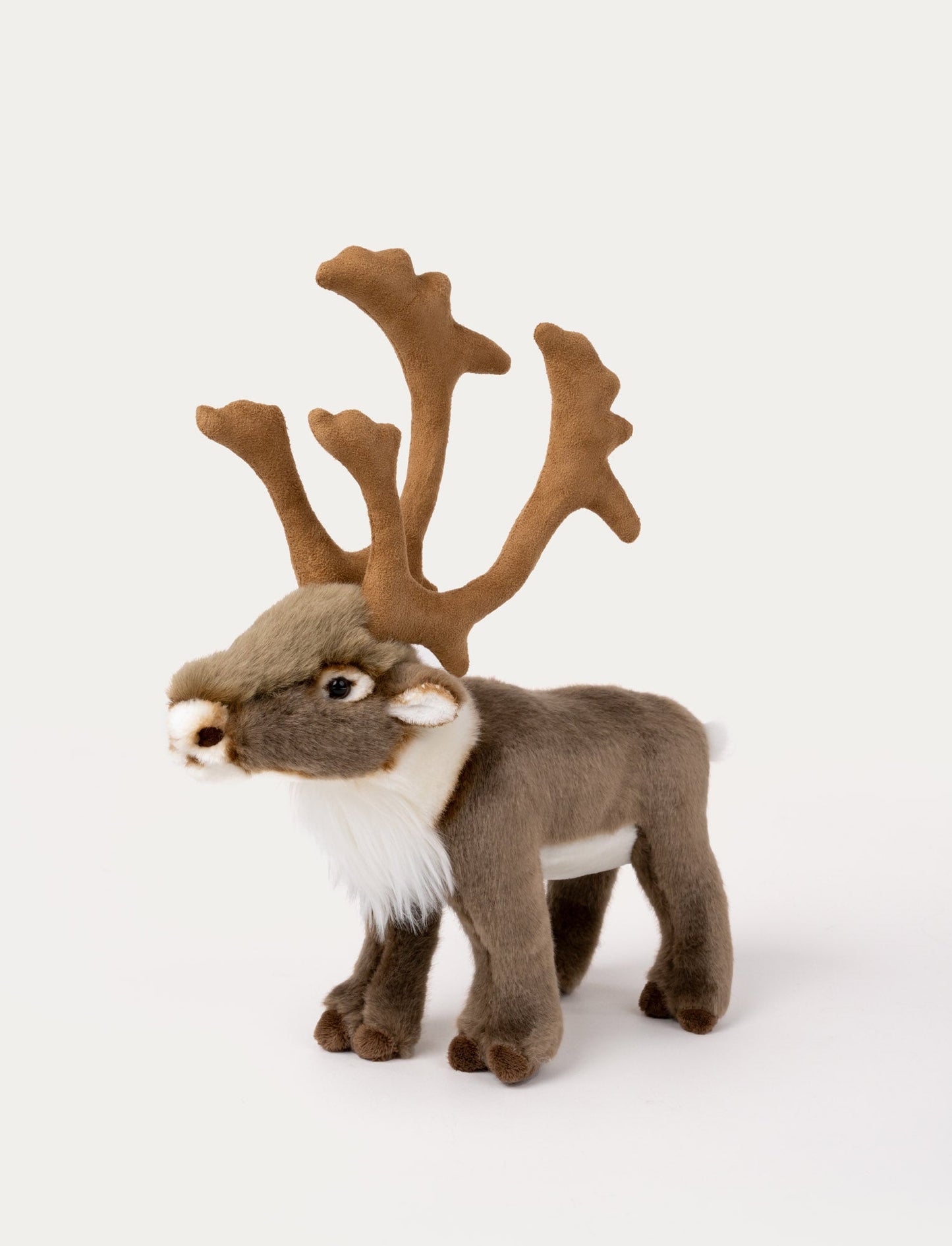 Soft reindeer plush with brown fur, large detailed antlers, a fluffy mane, and shiny black eyes.